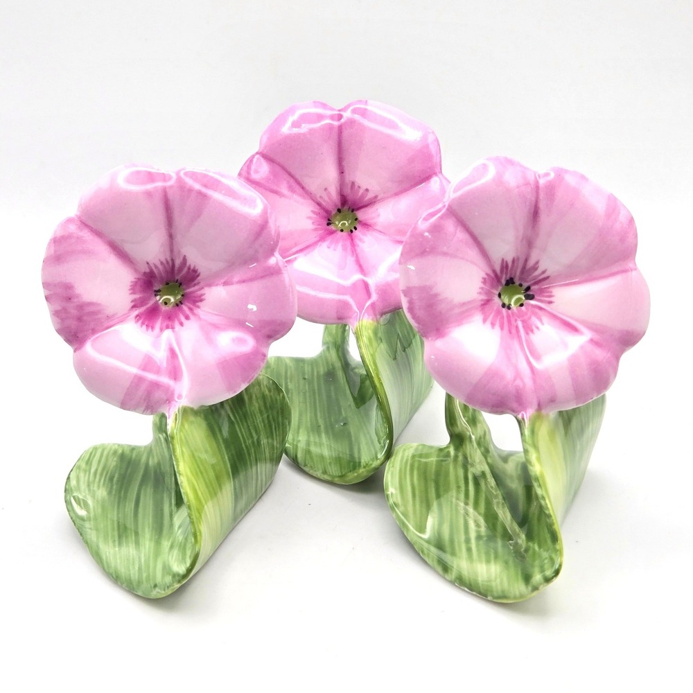 Vintage 1985 Pia Bone China Pink Morning Glory Flower Napkin Rings Set of 3